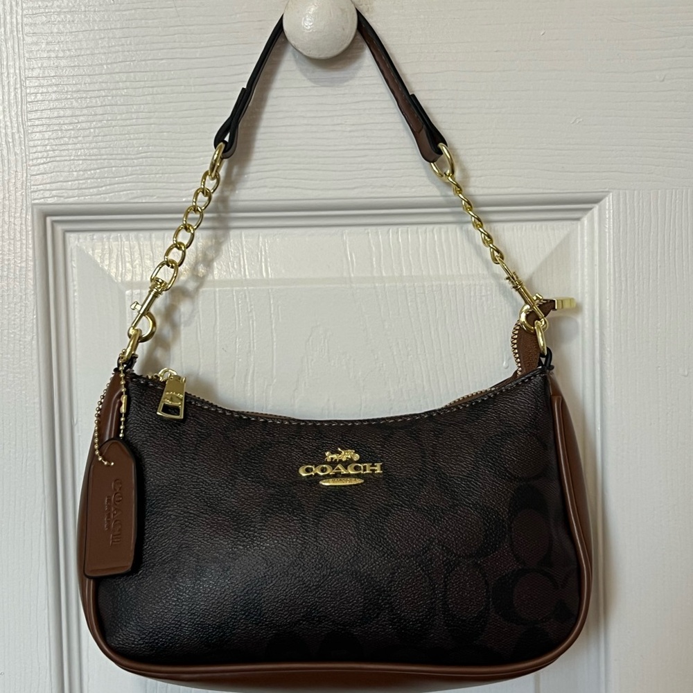 Coach Black and Brown Shoulder Bag with Gold Accents